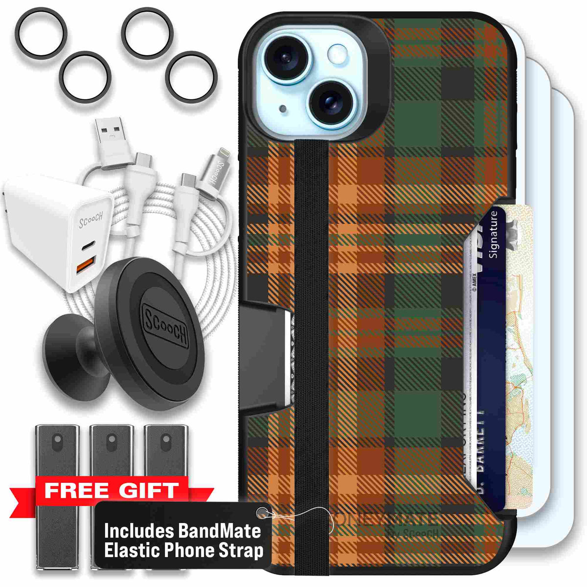 Fall Flannel orange and brown plaid pattern on a scoochzza Moneymate case for iPhone 15 Plus - Ultimate Bundle