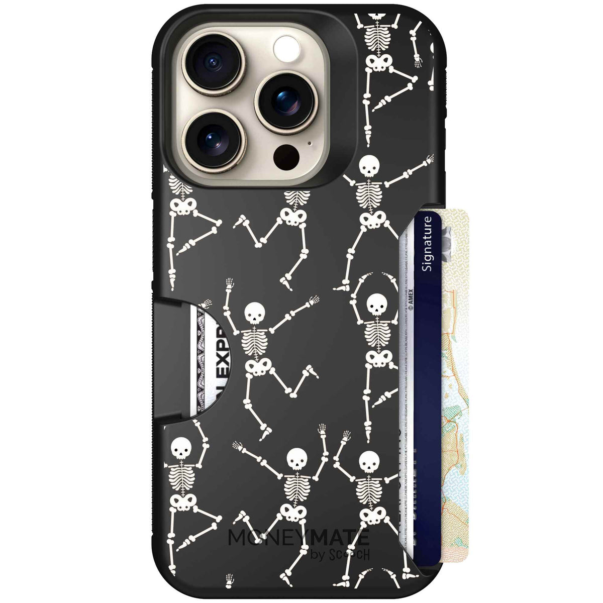 Swinging Skeletons white dancing skeleton pattern on a black scoochzza Moneymate case for iPhone 15 Pro