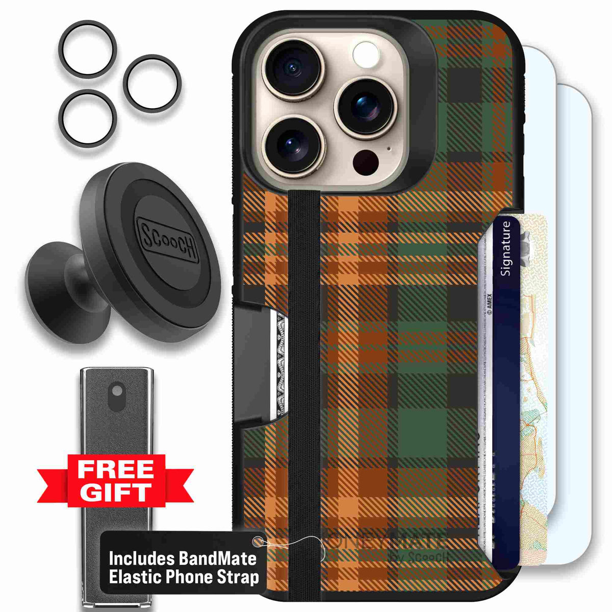 Fall Flannel orange and brown plaid pattern on a scoochzza Moneymate case for iPhone 15 Pro - Defender Bundle