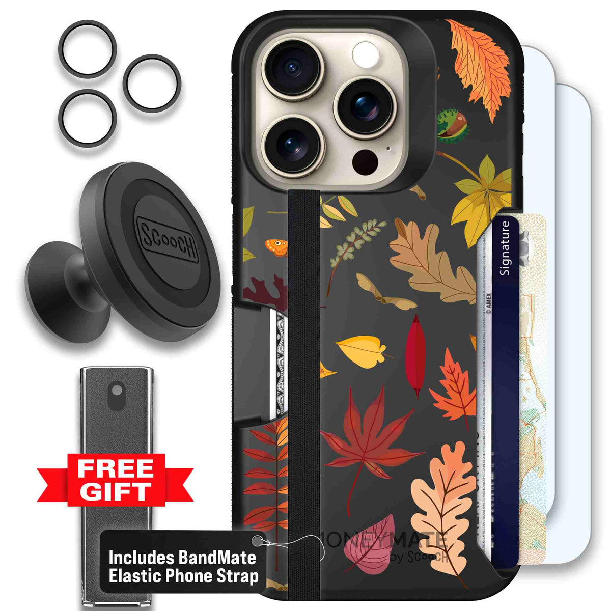 Autumn Leaves multicolored fall foliage pattern on a charcoal scoochzza Moneymate case for iPhone 15 Pro - Defender Bundle