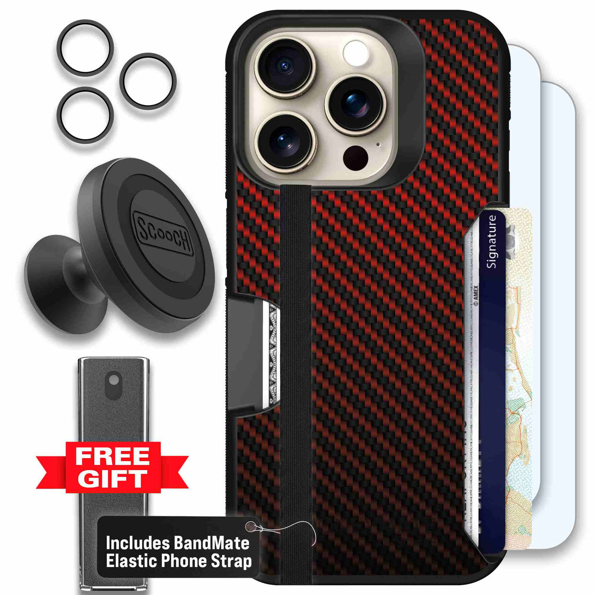 Red Carbon Fiber | website | iPhone 15 Pro | Defender Bundle