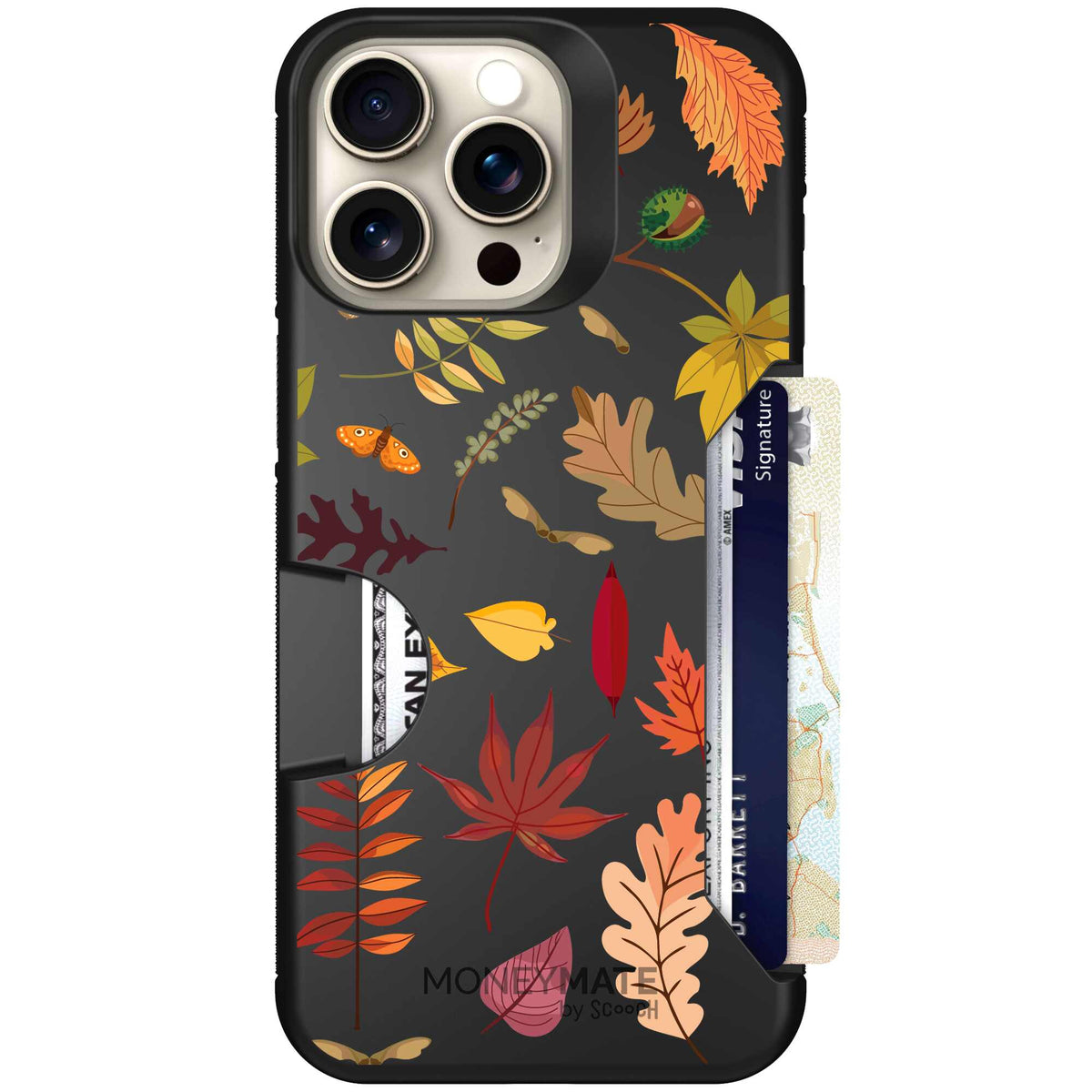 Autumn Leaves multicolored fall foliage pattern on a charcoal scoochzza Moneymate case for iPhone 15 Pro Max