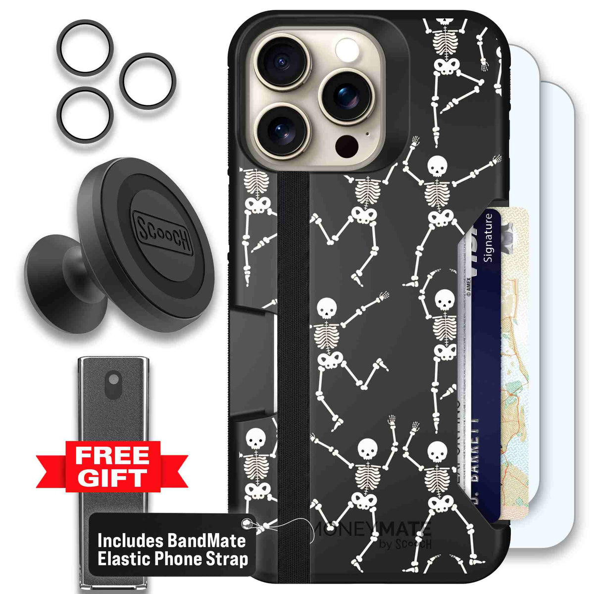 Swinging Skeletons white dancing skeleton pattern on a black scoochzza Moneymate case for iPhone 15 Pro Max - Defender Bundle
