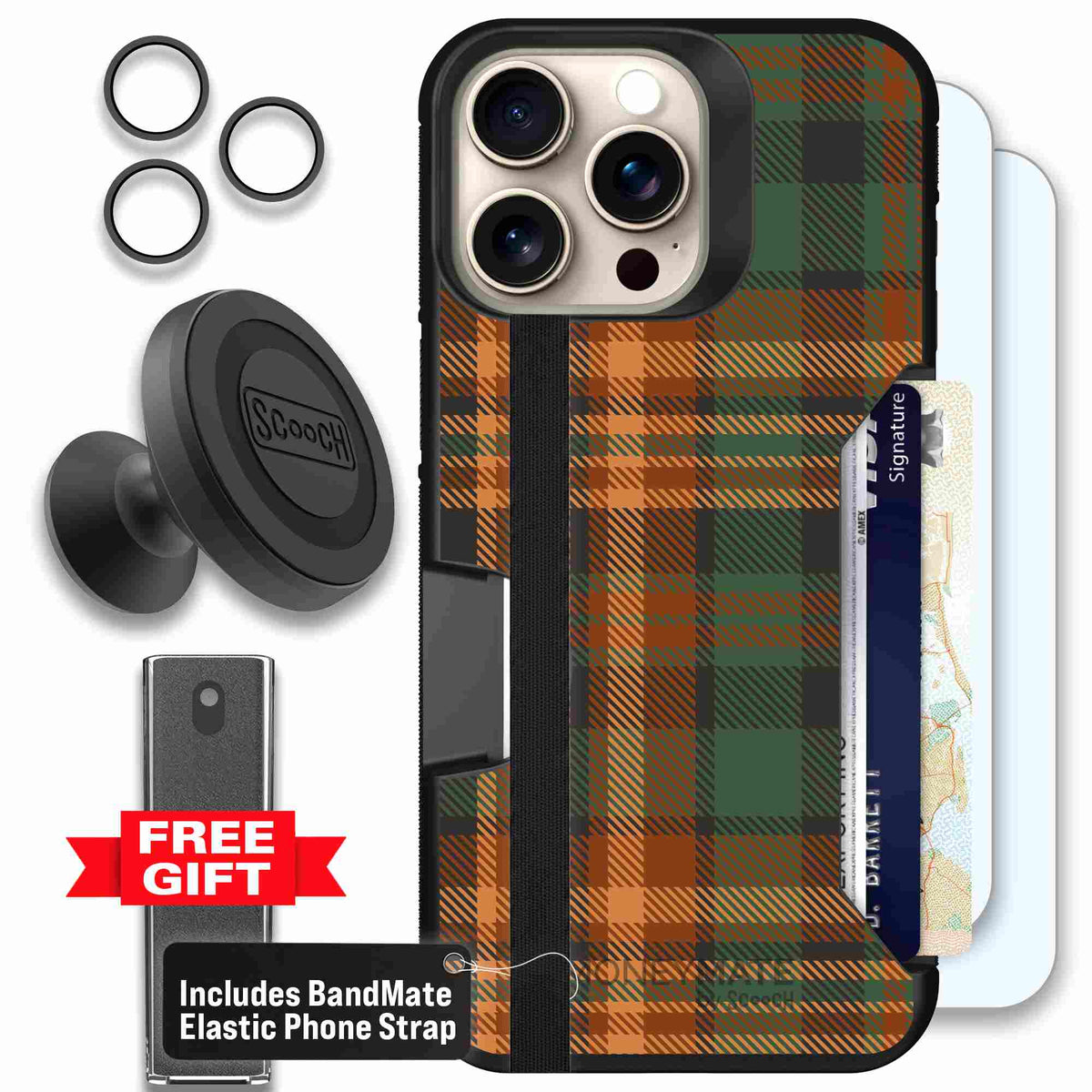 Fall Flannel orange and brown plaid pattern on a scoochzza Moneymate case for iPhone 15 Pro Max - Defender Bundle
