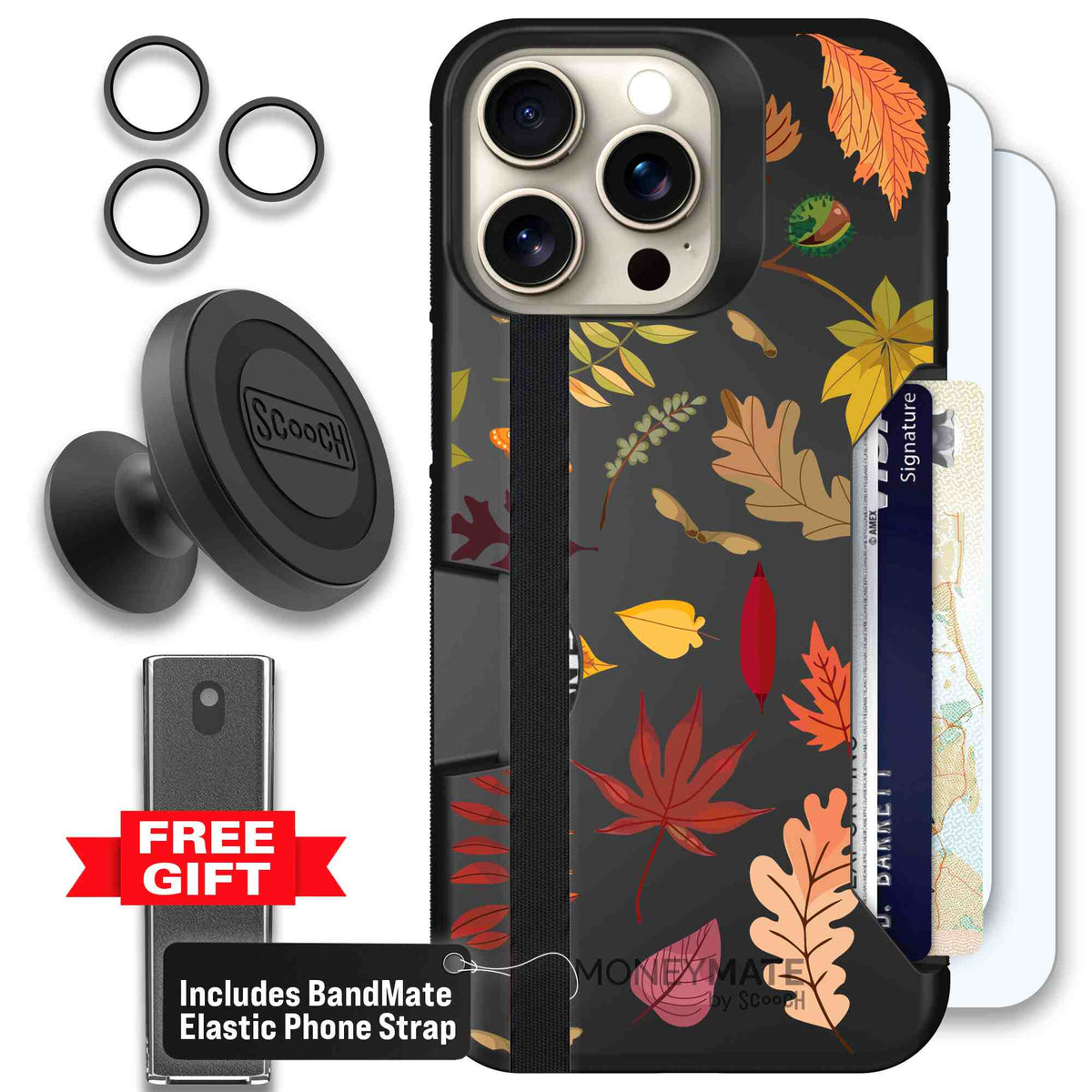 Autumn Leaves multicolored fall foliage pattern on a charcoal scoochzza Moneymate case for iPhone 15 Pro Max - Defender Bundle