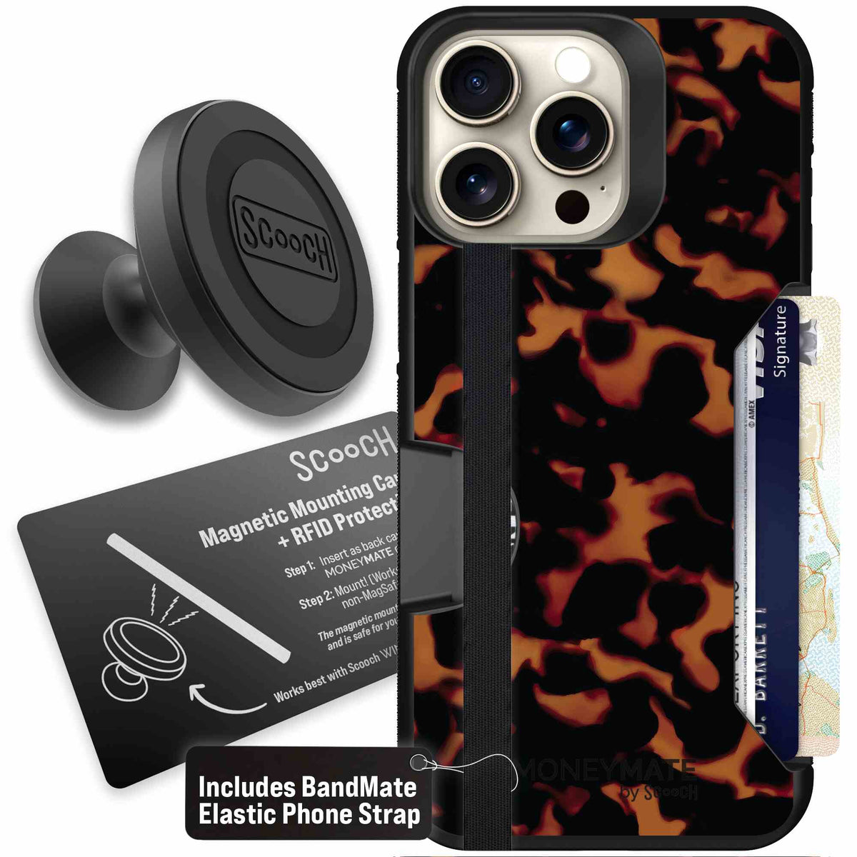 Tortoise Shell amber brown and black mottled pattern on a scoochzza Moneymate case for iPhone 15 Pro Max - Starter Bundle