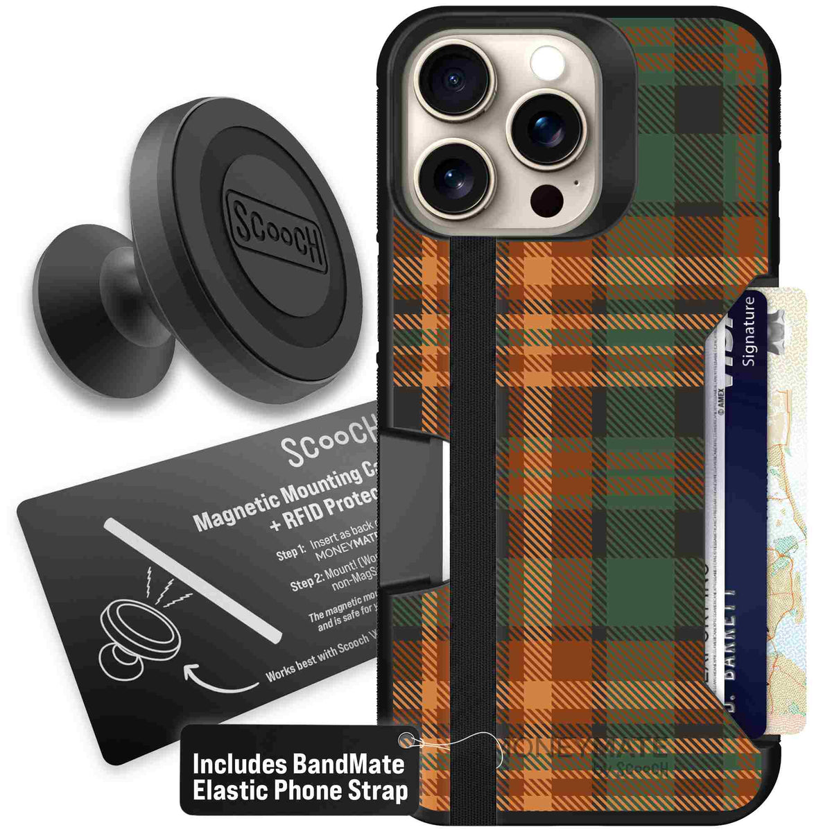 Fall Flannel orange and brown plaid pattern on a scoochzza Moneymate case for iPhone 15 Pro Max - Starter Bundle