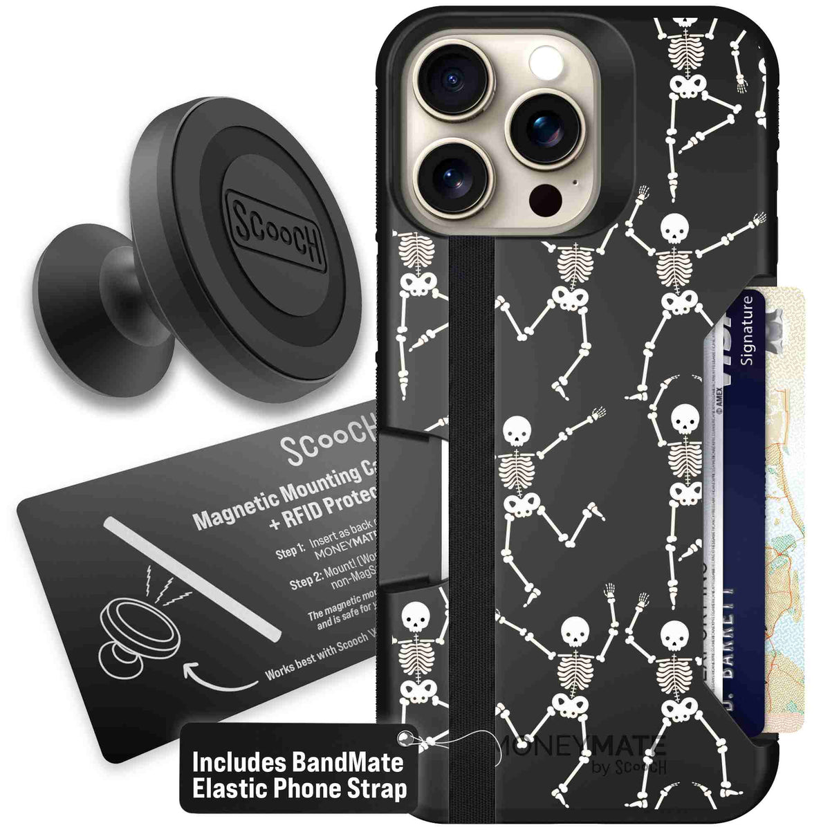 Swinging Skeletons white dancing skeleton pattern on a black scoochzza Moneymate case for iPhone 15 Pro Max - Starter Bundle