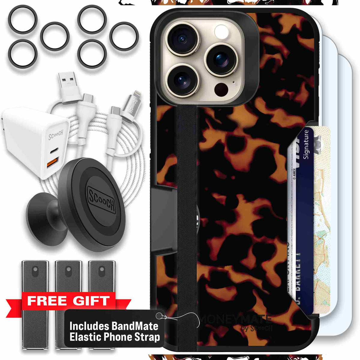 Tortoise Shell amber brown and black mottled pattern on a scoochzza Moneymate case for iPhone 15 Pro Max - Ultimate Bundle