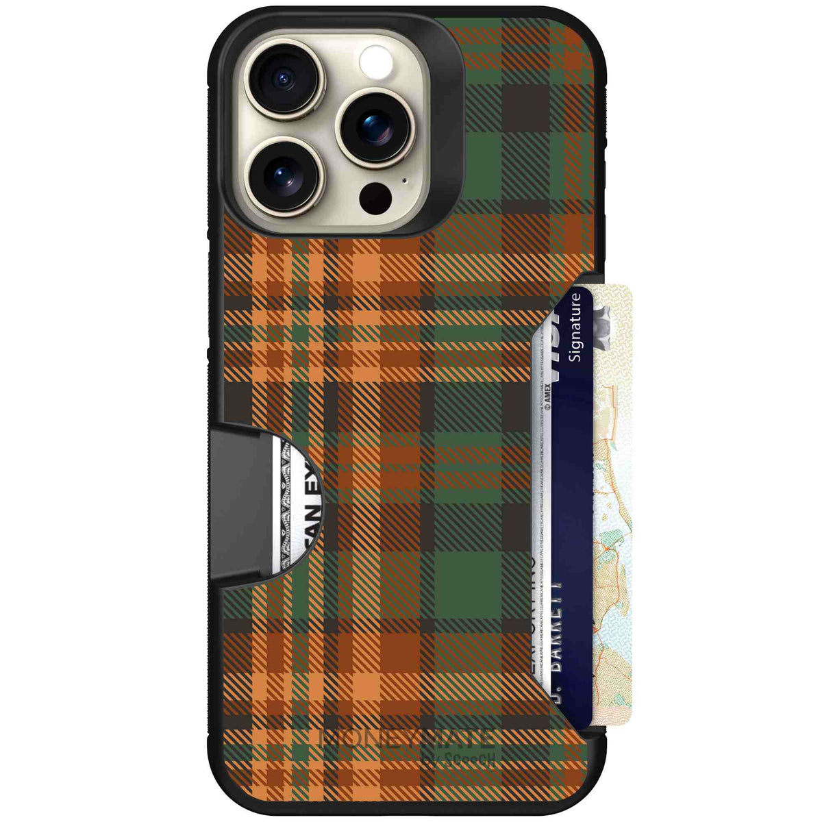 Fall Flannel orange and brown plaid pattern on a scoochzza Moneymate case for iPhone 15 Pro Max