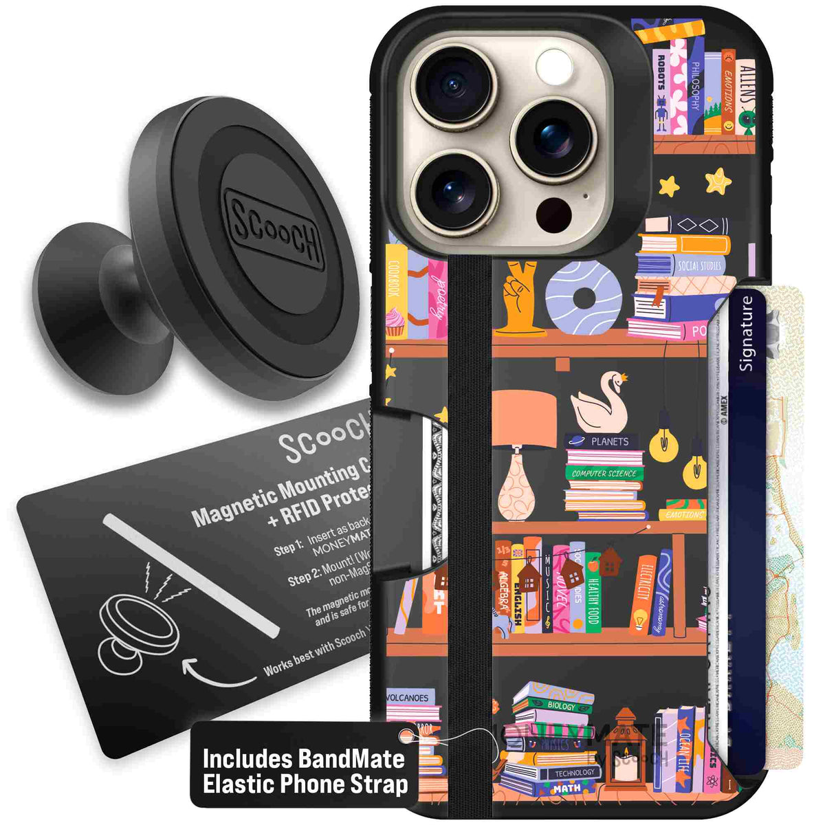 Little Library colorful book and bookshelf pattern on a scoochzza Moneymate case for iPhone 15 Pro - Starter Bundle