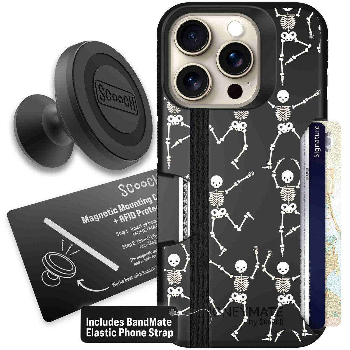 Swinging Skeletons white dancing skeleton pattern on a black scoochzza Moneymate case for iPhone 15 Pro - Starter Bundle