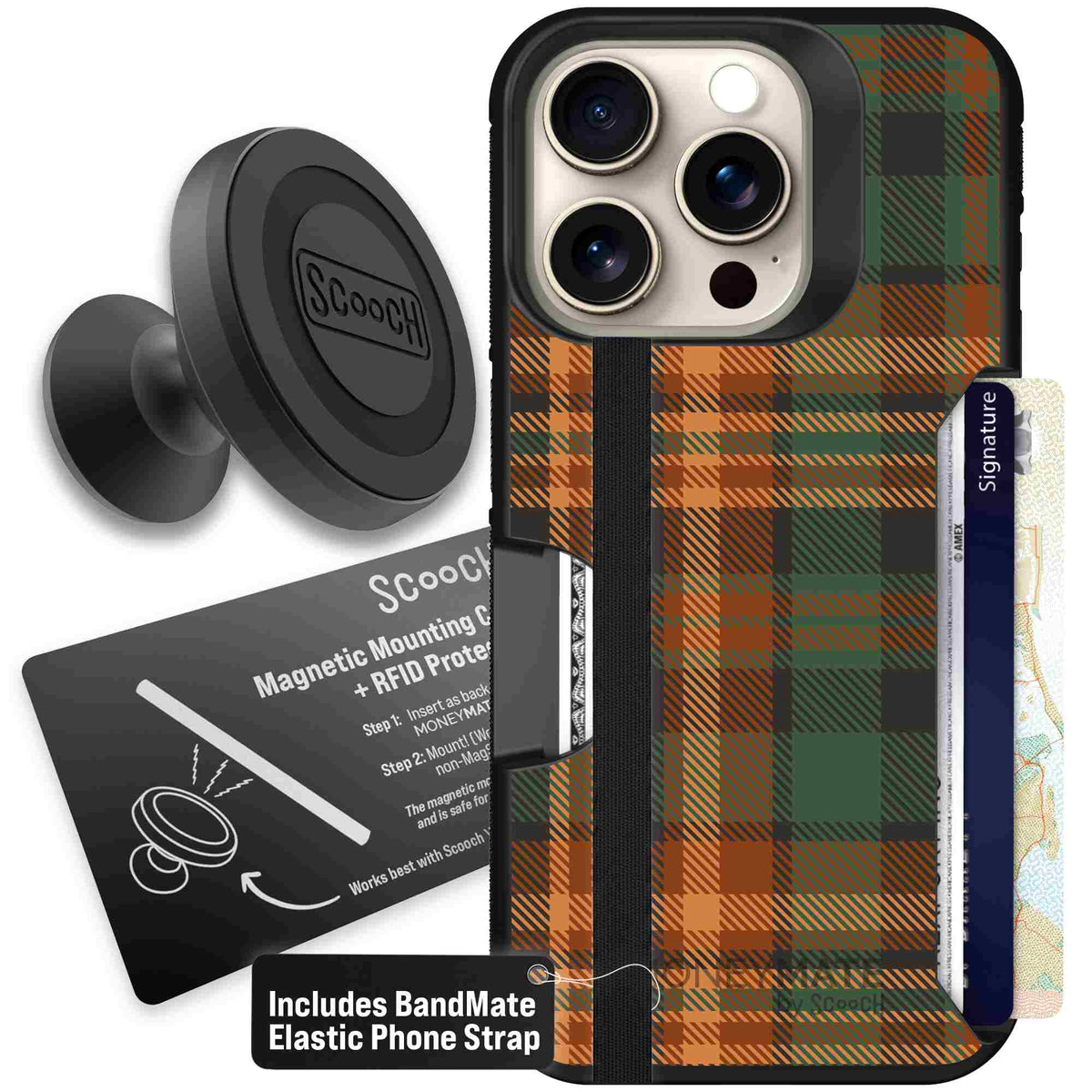 Fall Flannel orange and brown plaid pattern on a scoochzza Moneymate case for iPhone 15 Pro - Starter Bundle