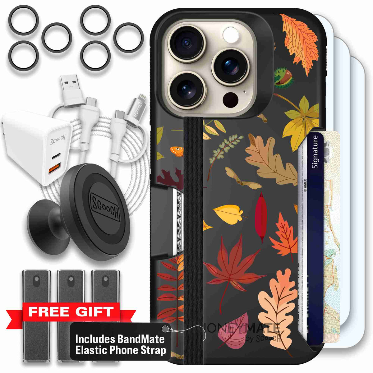 Autumn Leaves multicolored fall foliage pattern on a charcoal scoochzza Moneymate case for iPhone 15 Pro - Ultimate Bundle