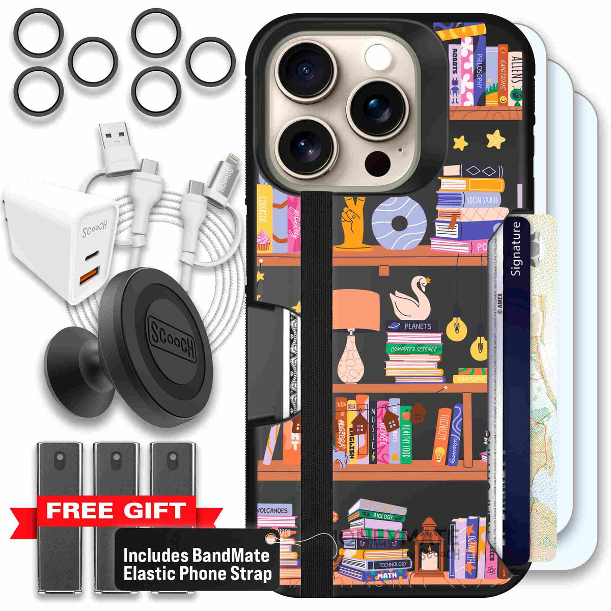 Little Library colorful book and bookshelf pattern on a scoochzza Moneymate case for iPhone 15 Pro - Ultimate Bundle