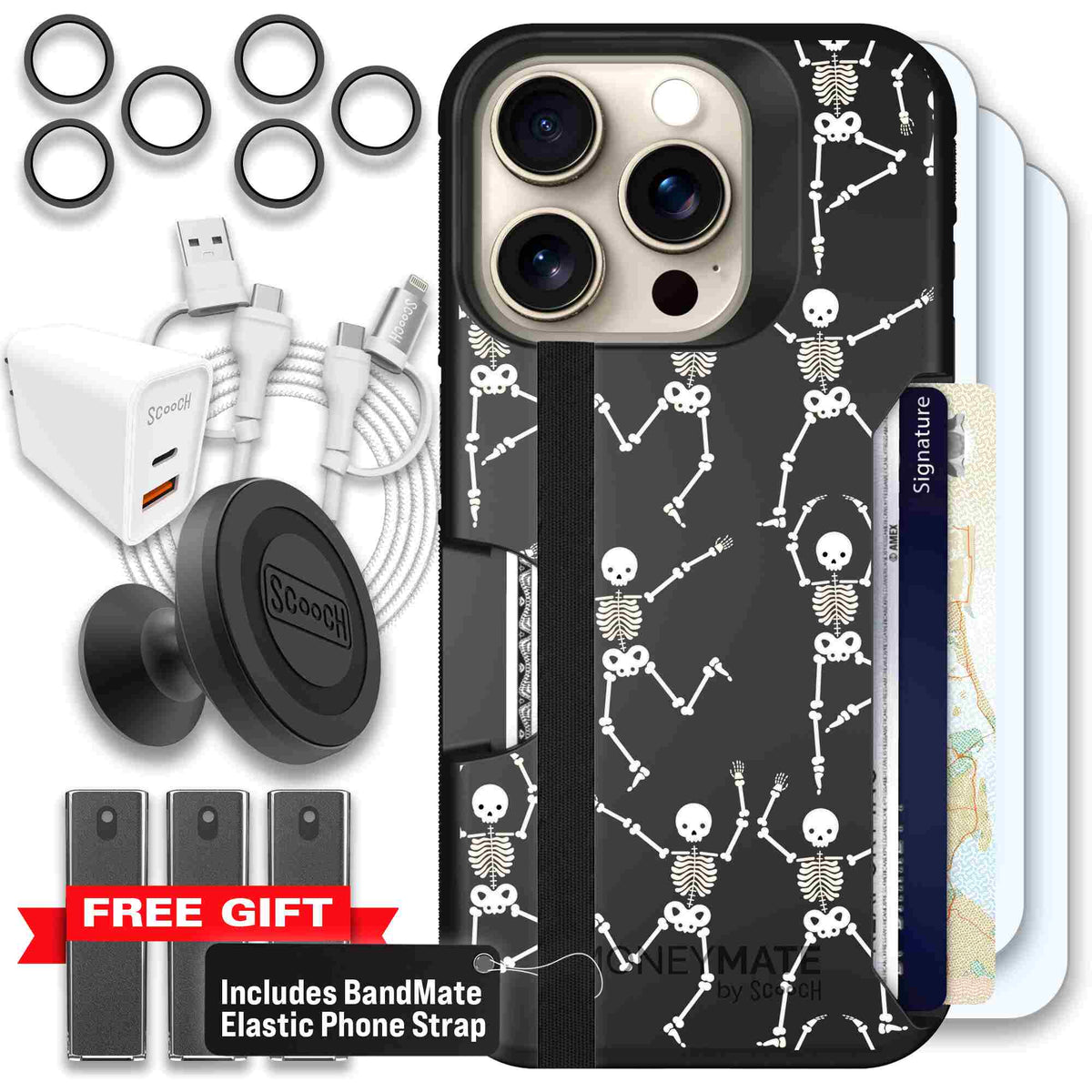 Swinging Skeletons white dancing skeleton pattern on a black scoochzza Moneymate case for iPhone 15 Pro - Ultimate Bundle