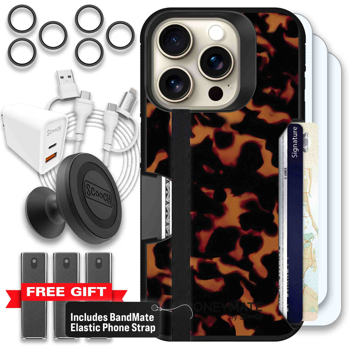 Tortoise Shell amber brown and black mottled pattern on a scoochzza Moneymate case for iPhone 15 Pro - Ultimate Bundle