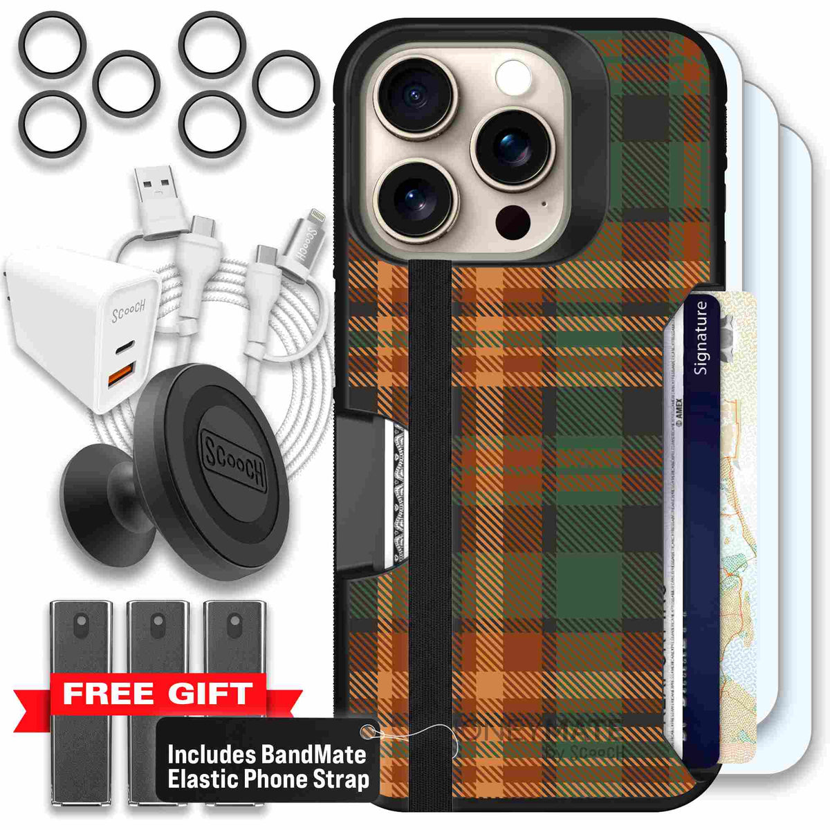 Fall Flannel orange and brown plaid pattern on a scoochzza Moneymate case for iPhone 15 Pro - Ultimate Bundle