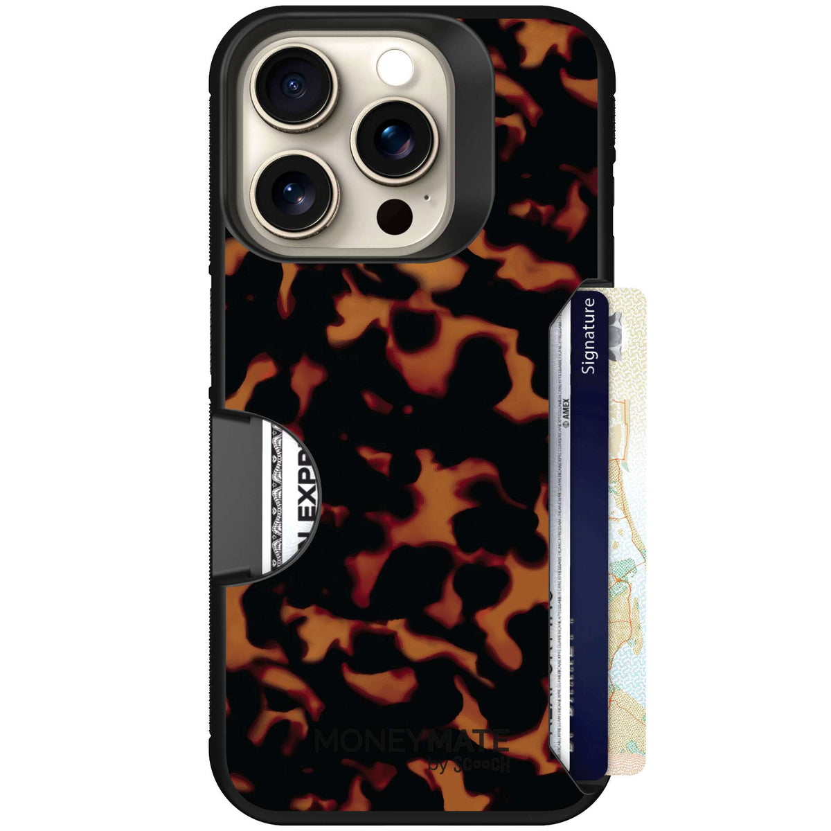 Tortoise Shell amber brown and black mottled pattern on a scoochzza Moneymate case for iPhone 15 Pro