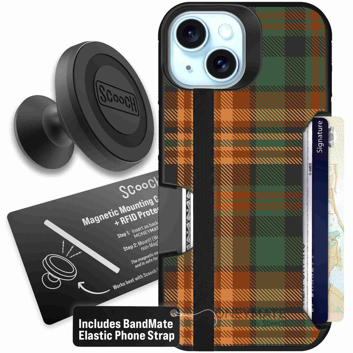Fall Flannel orange and brown plaid pattern on a scoochzza Moneymate case for iPhone 15 - Starter Bundle