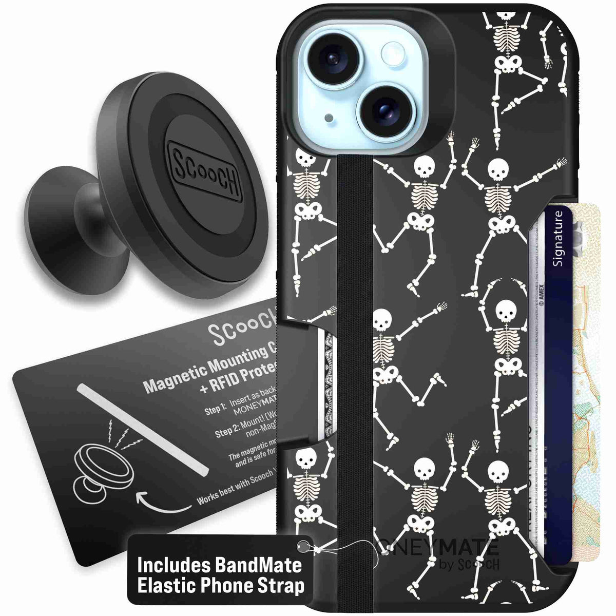 Swinging Skeletons white dancing skeleton pattern on a black scoochzza Moneymate case for iPhone 15 - Starter Bundle
