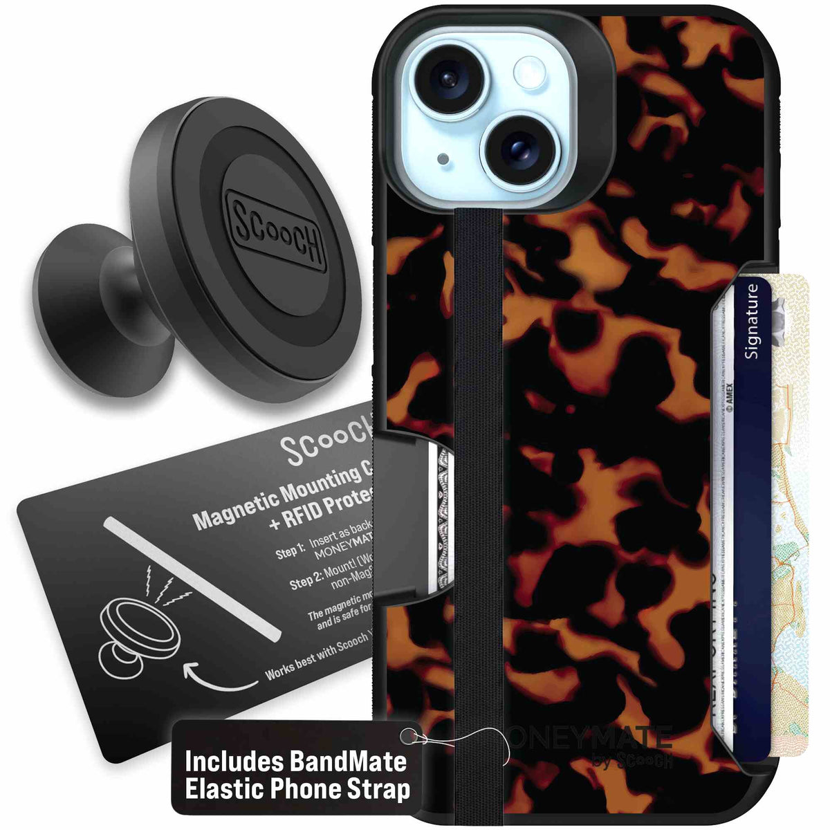 Tortoise Shell amber brown and black mottled pattern on a scoochzza Moneymate case for iPhone 15 - Starter Bundle
