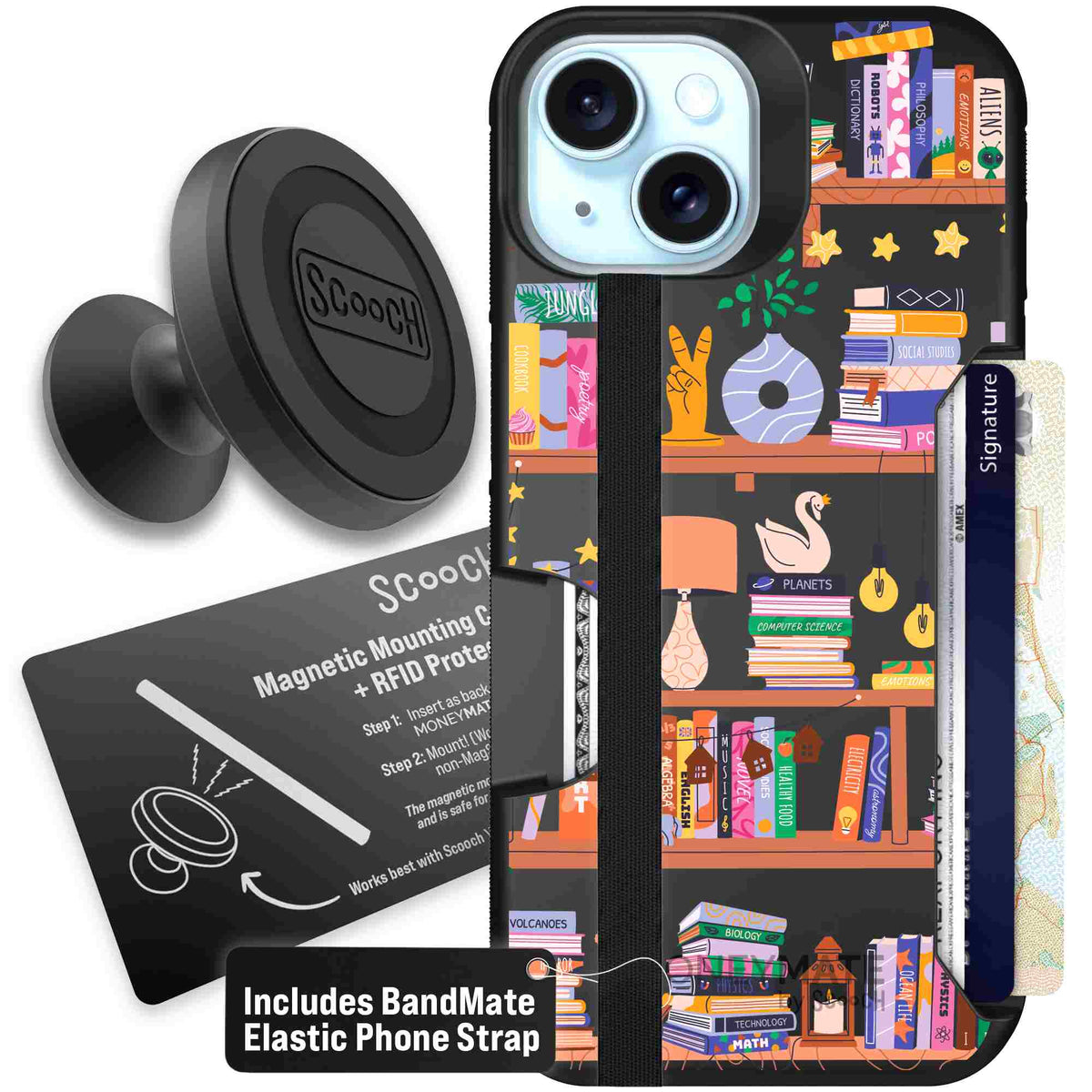 Little Library colorful book and bookshelf pattern on a scoochzza Moneymate case for iPhone 15 - Starter Bundle