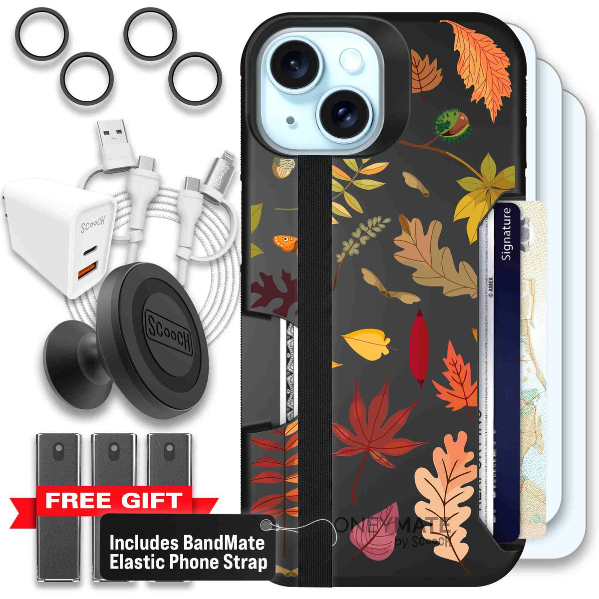 Autumn Leaves multicolored fall foliage pattern on a charcoal scoochzza Moneymate case for iPhone 15 - Ultimate Bundle