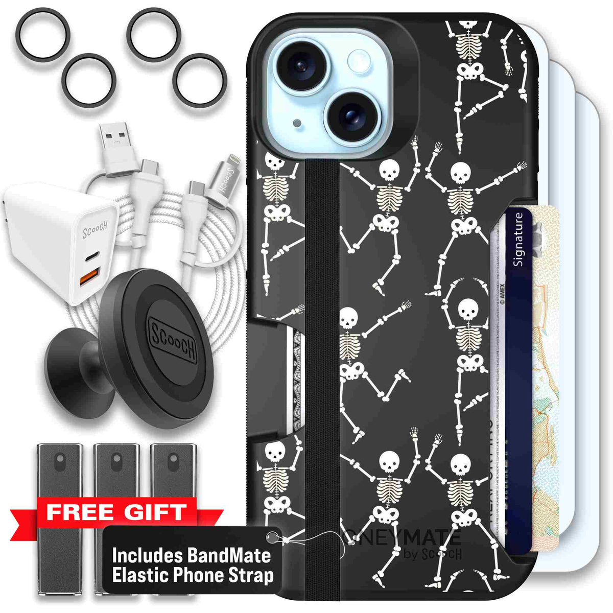 Swinging Skeletons white dancing skeleton pattern on a black scoochzza Moneymate case for iPhone 15 - Ultimate Bundle