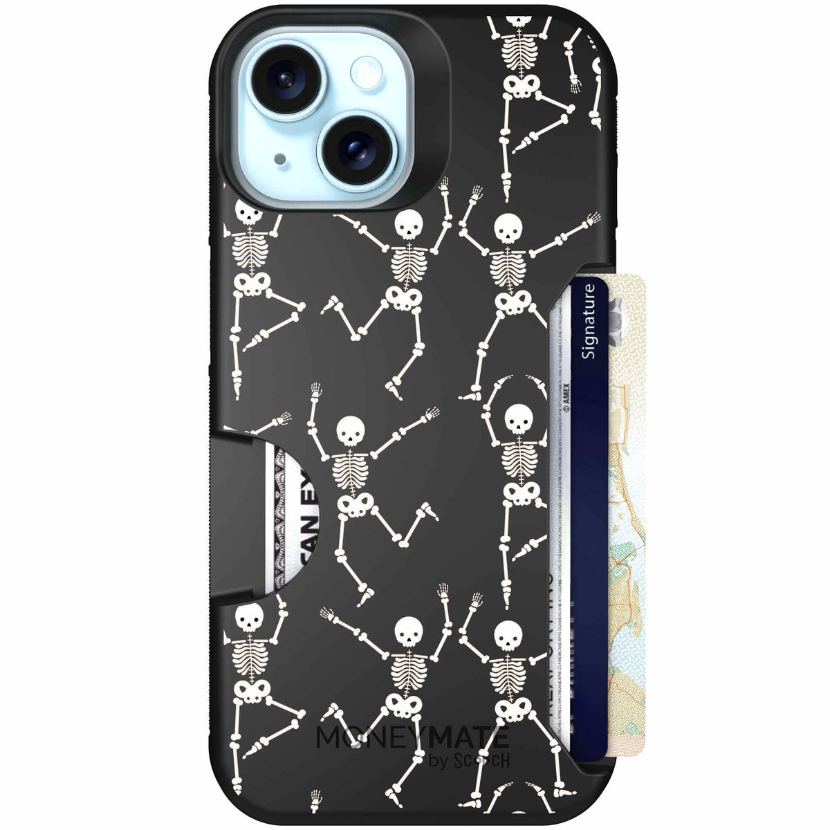 Swinging Skeletons white dancing skeleton pattern on a black scoochzza Moneymate case for iPhone 15