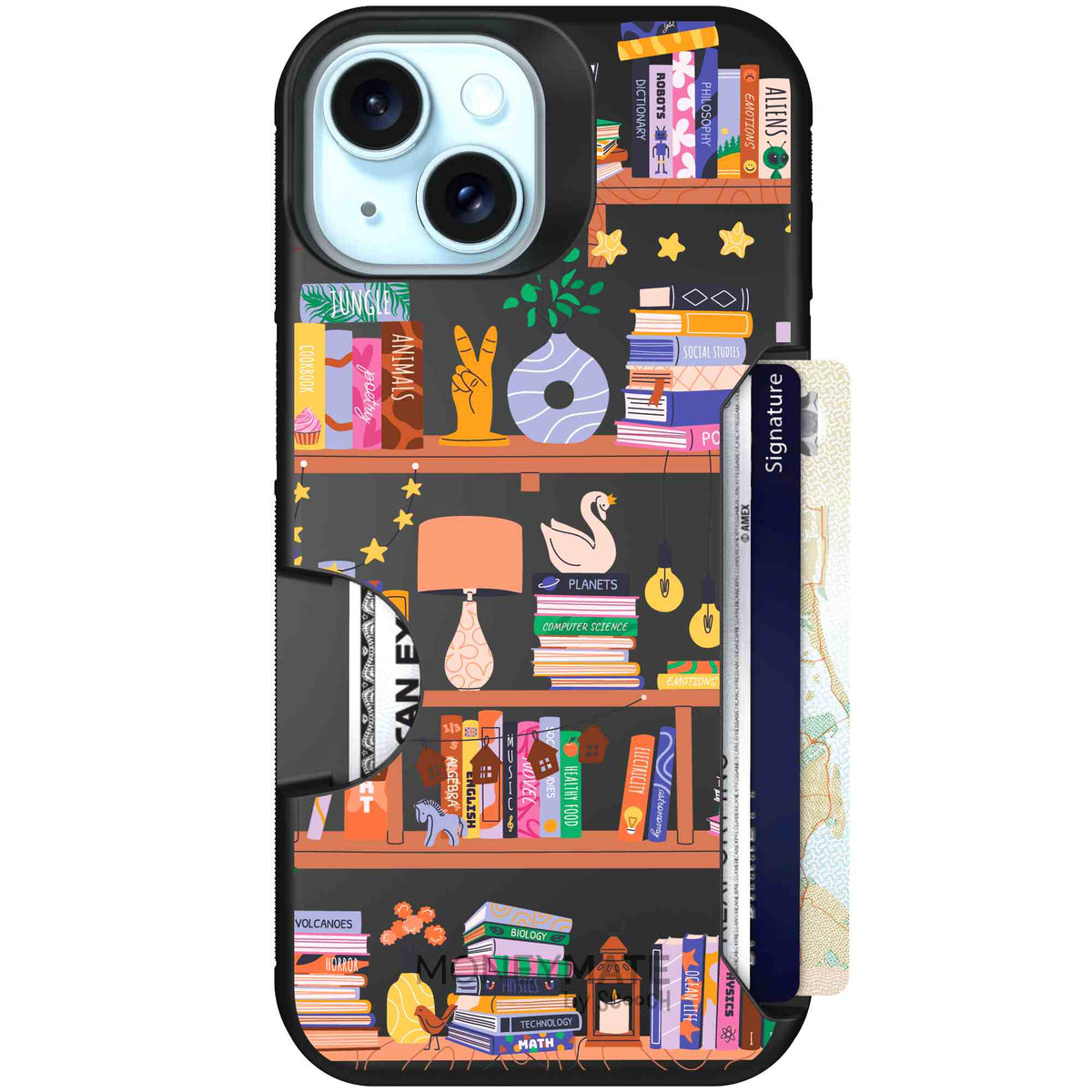 Little Library colorful book and bookshelf pattern on a scoochzza Moneymate case for iPhone 15