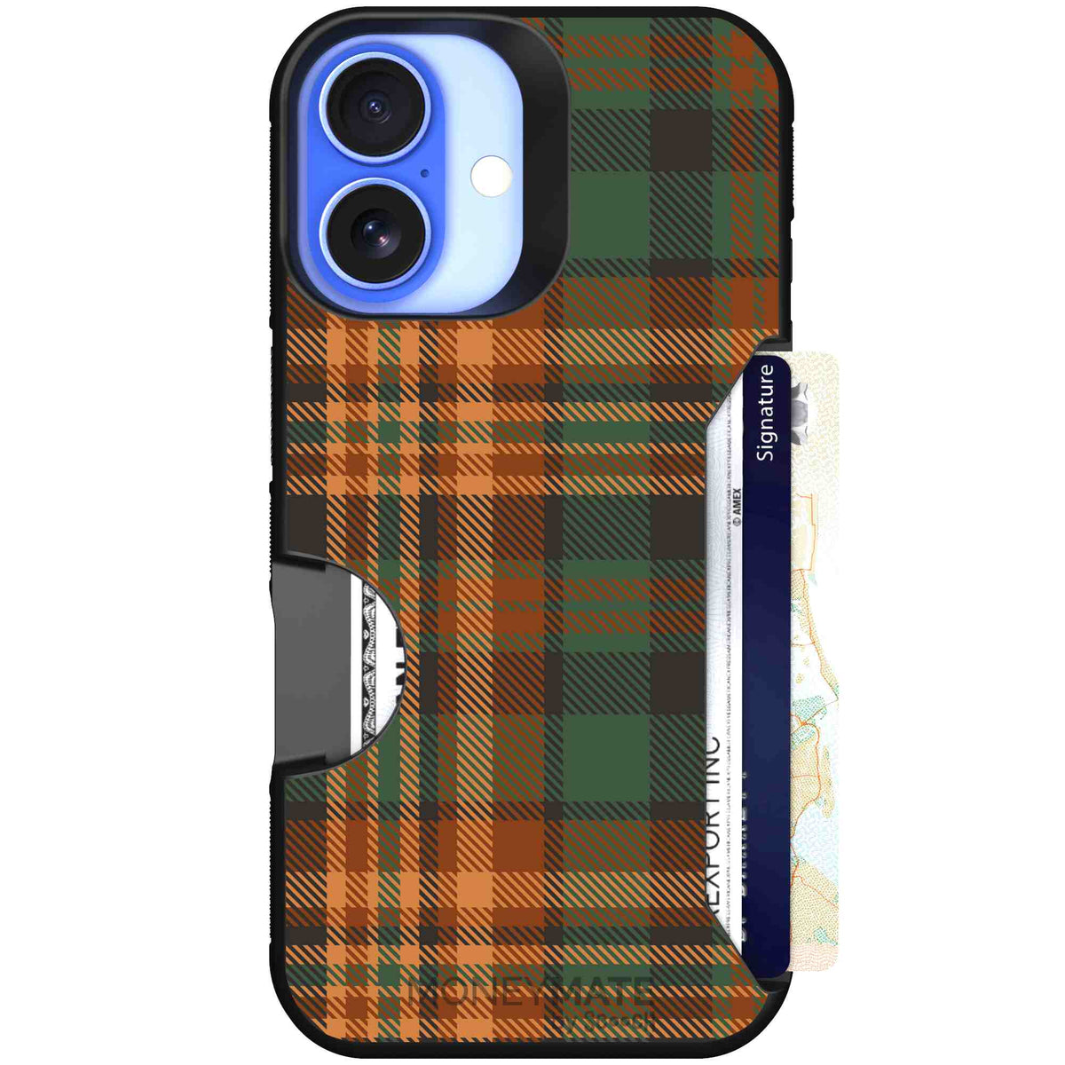 Fall Flannel orange and brown plaid pattern on a scoochzza Moneymate case for iPhone 16