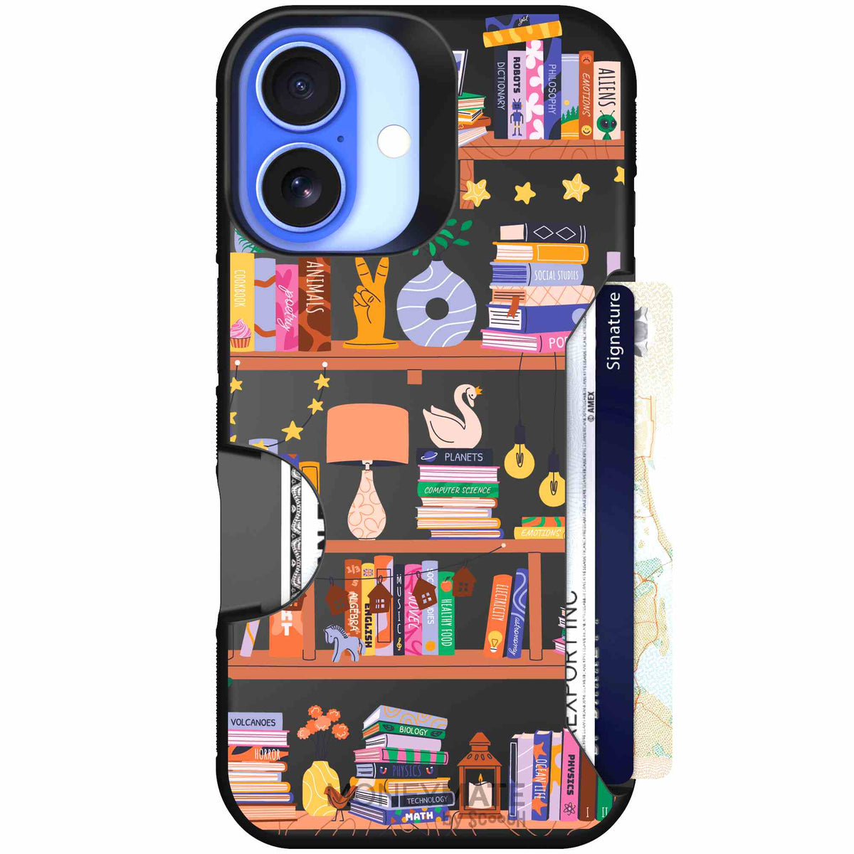Little Library colorful book and bookshelf pattern on a scoochzza Moneymate case for iPhone 16