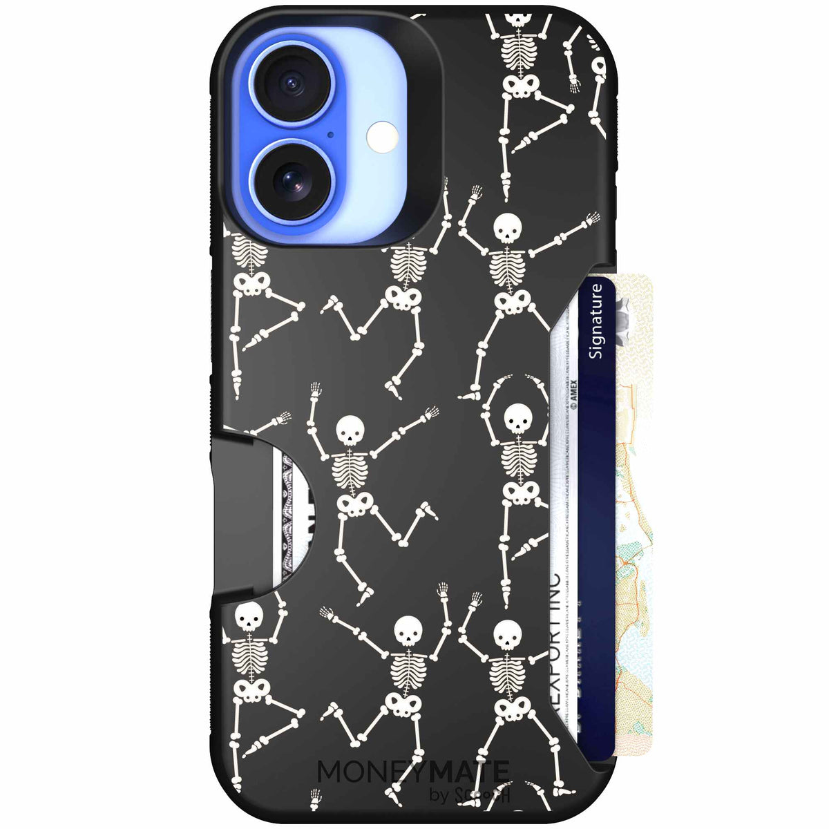 Swinging Skeletons white dancing skeleton pattern on a black scoochzza Moneymate case for iPhone 16