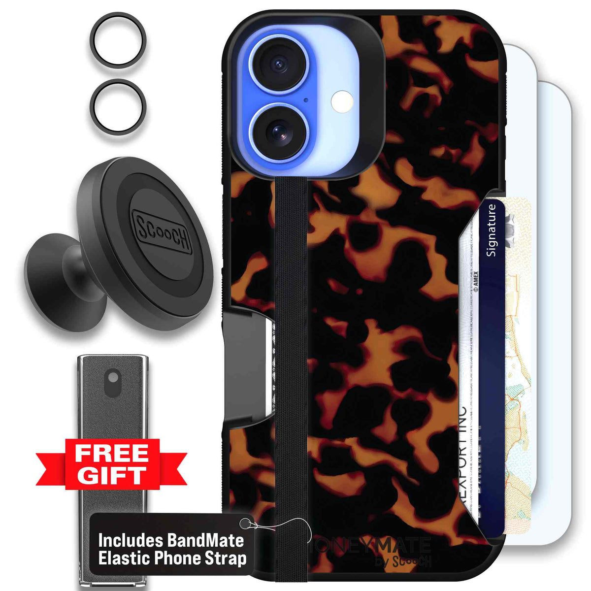 Tortoise Shell amber brown and black mottled pattern on a scoochzza Moneymate case for iPhone 16 - Defender Bundle