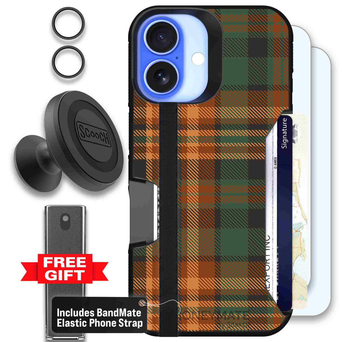 Fall Flannel orange and brown plaid pattern on a scoochzza Moneymate case for iPhone 16 - Defender Bundle