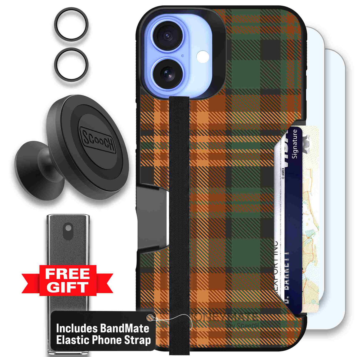 Fall Flannel orange and brown plaid pattern on a scoochzza Moneymate case for iPhone 16 Plus - Defender Bundle