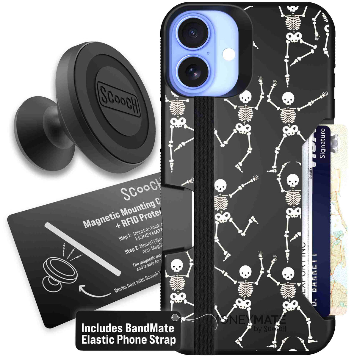 Swinging Skeletons white dancing skeleton pattern on a black scoochzza Moneymate case for iPhone 16 Plus - Starter Bundle