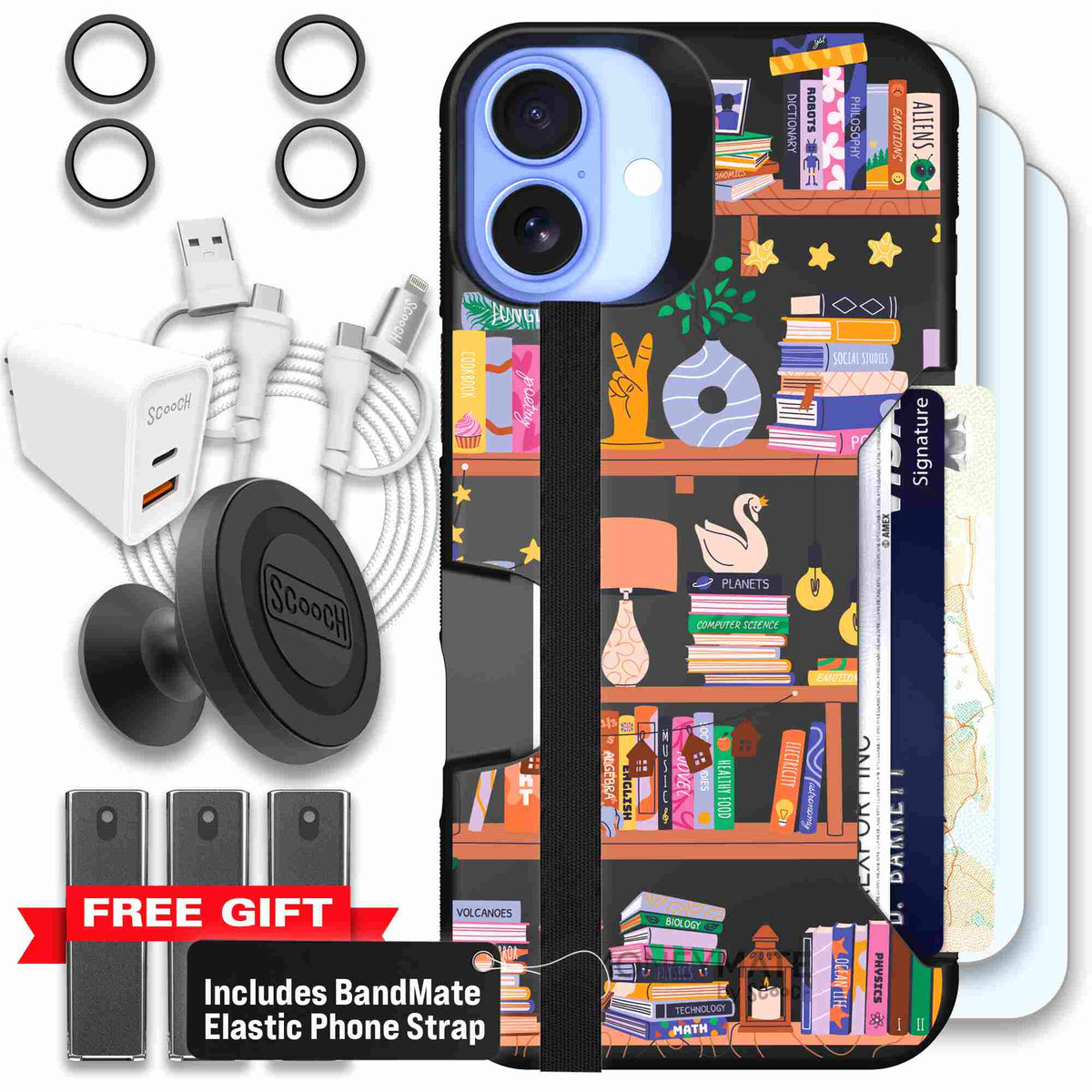 Little Library colorful book and bookshelf pattern on a scoochzza Moneymate case for iPhone 16 Plus - Ultimate Bundle