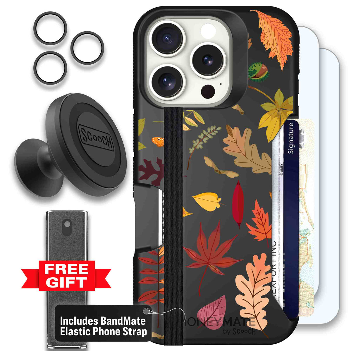 Autumn Leaves multicolored fall foliage pattern on a charcoal scoochzza Moneymate case for iPhone 16 Pro - Defender Bundle