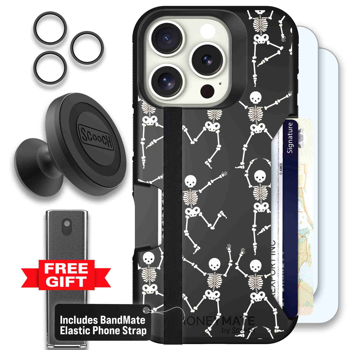 Swinging Skeletons white dancing skeleton pattern on a black scoochzza Moneymate case for iPhone 16 Pro - Defender Bundle