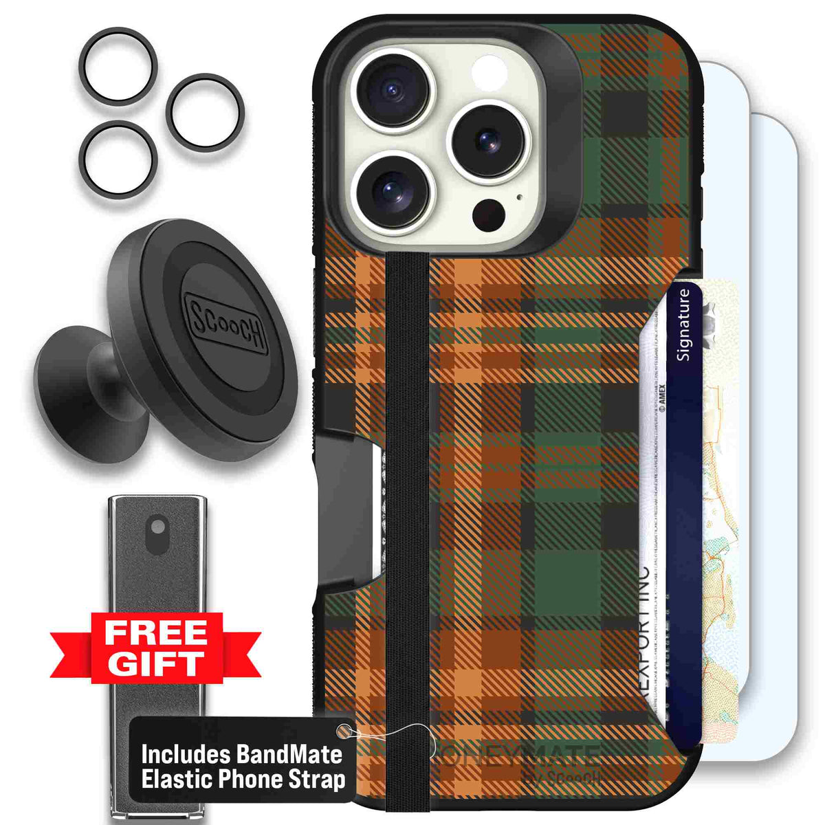 Fall Flannel orange and brown plaid pattern on a scoochzza Moneymate case for iPhone 16 Pro - Defender Bundle