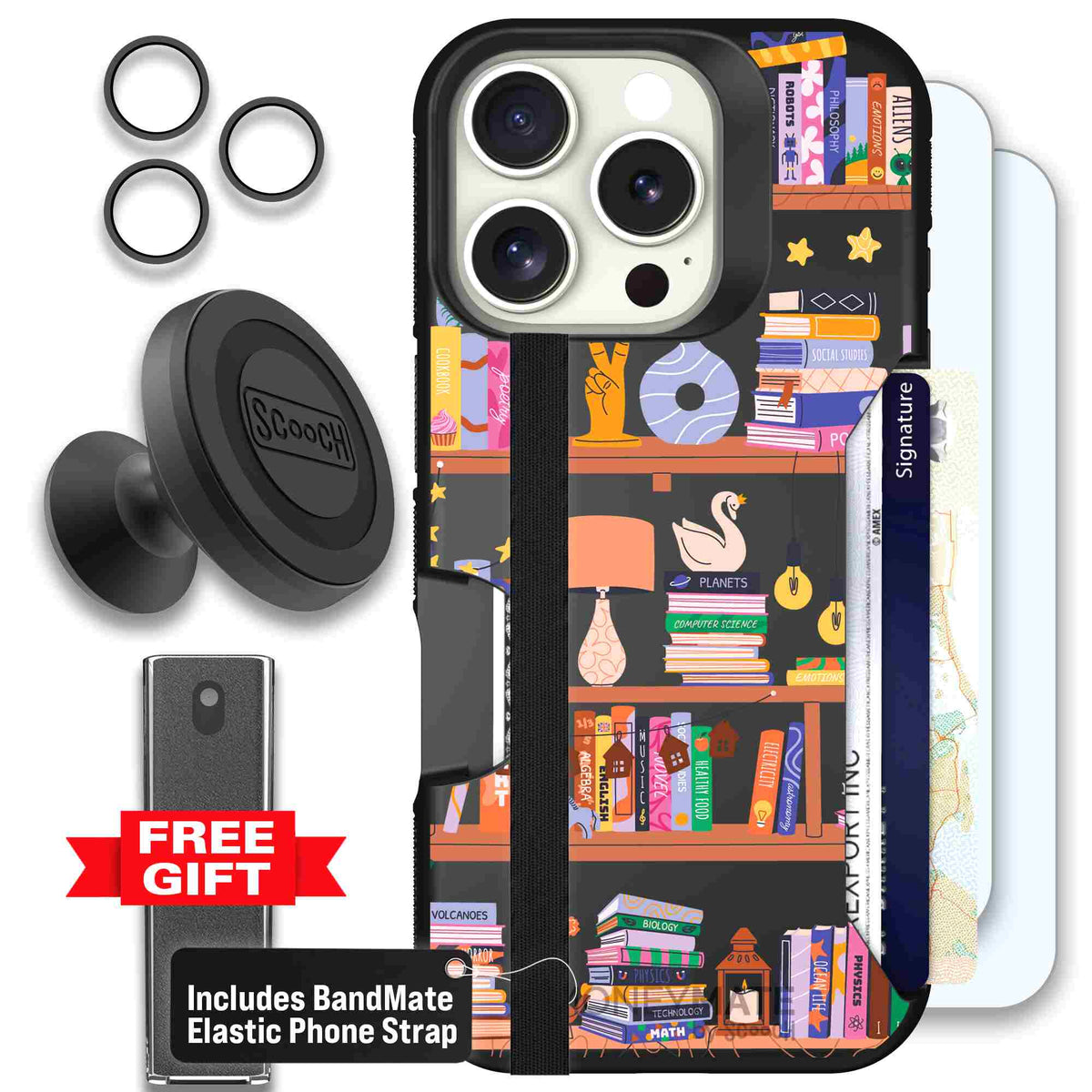 Little Library colorful book and bookshelf pattern on a scoochzza Moneymate case for iPhone 16 Pro - Defender Bundle