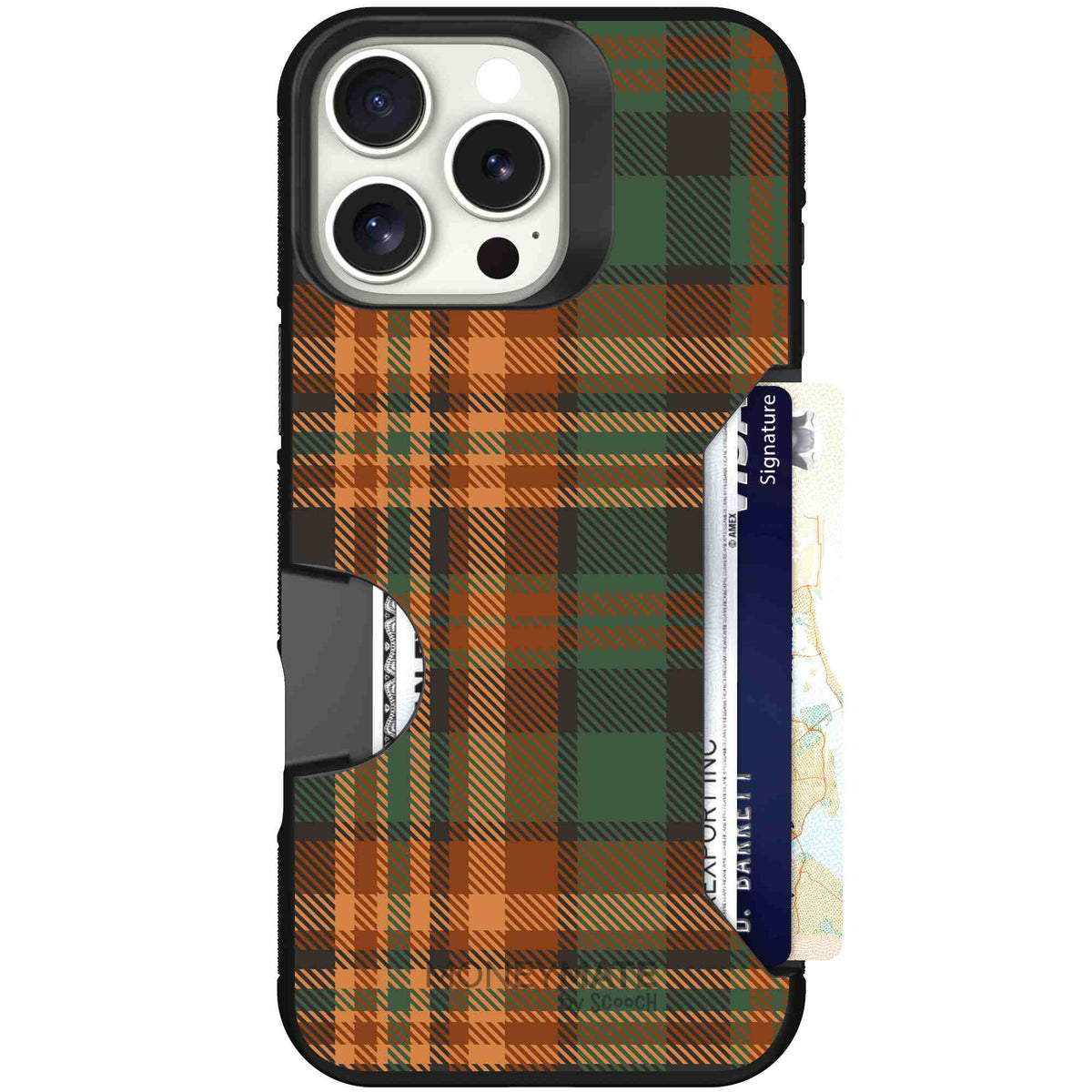 Fall Flannel orange and brown plaid pattern on a scoochzza Moneymate case for iPhone 16 Pro Max