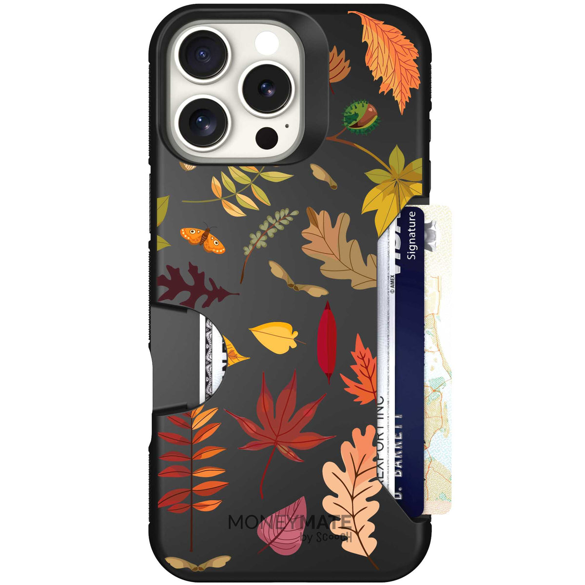 Autumn Leaves multicolored fall foliage pattern on a charcoal scoochzza Moneymate case for iPhone 16 Pro Max