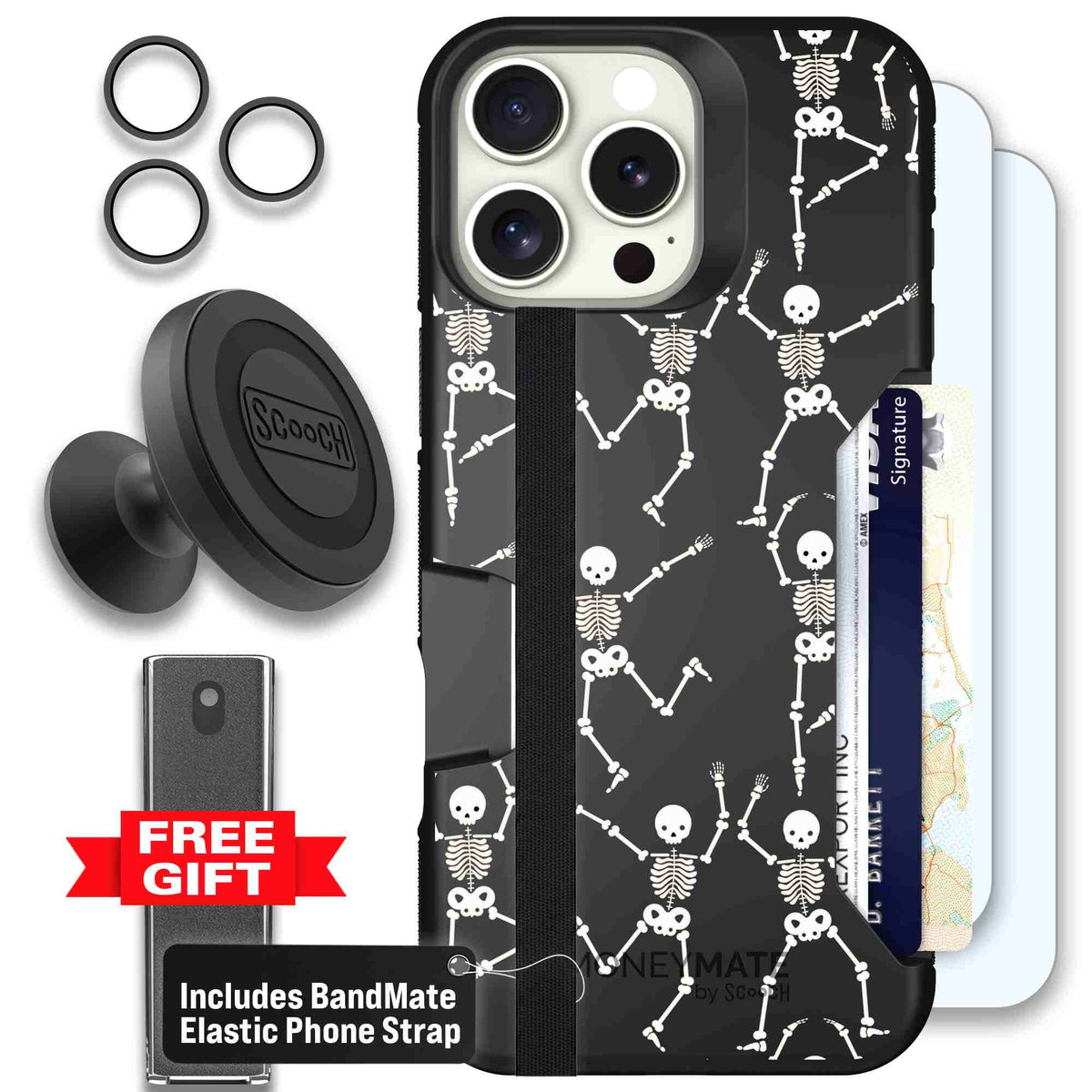 Swinging Skeletons white dancing skeleton pattern on a black scoochzza Moneymate case for iPhone 16 Pro Max - Defender Bundle