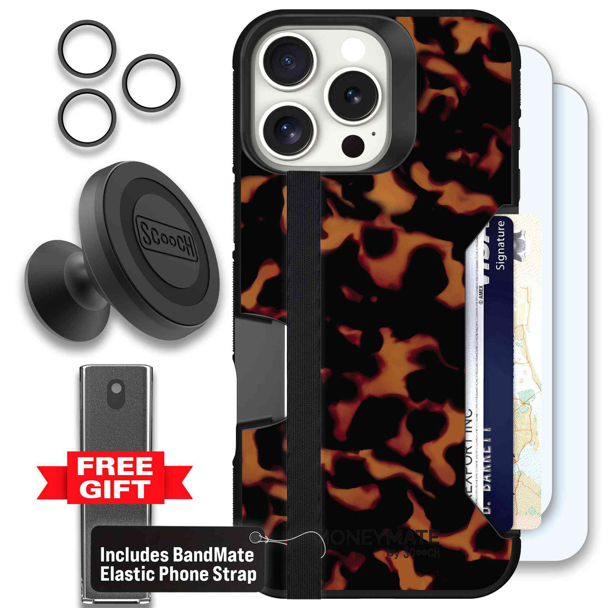 Tortoise Shell amber brown and black mottled pattern on a scoochzza Moneymate case for iPhone 16 Pro Max - Defender Bundle