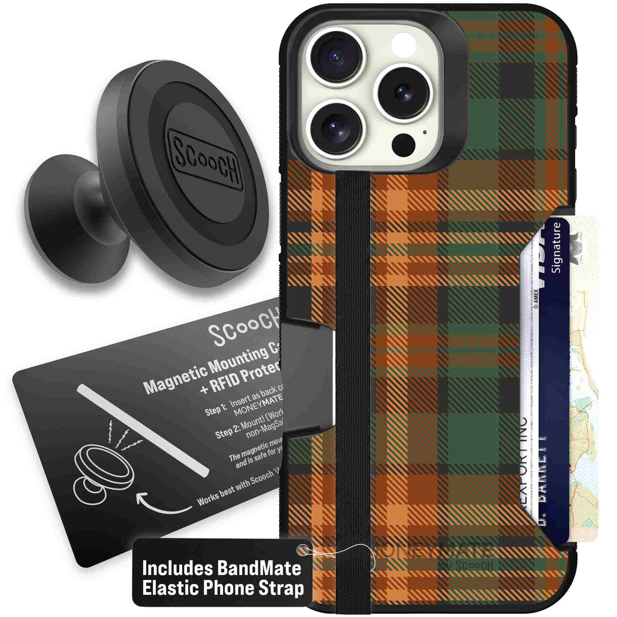 Fall Flannel orange and brown plaid pattern on a scoochzza Moneymate case for iPhone 16 Pro Max - Starter Bundle