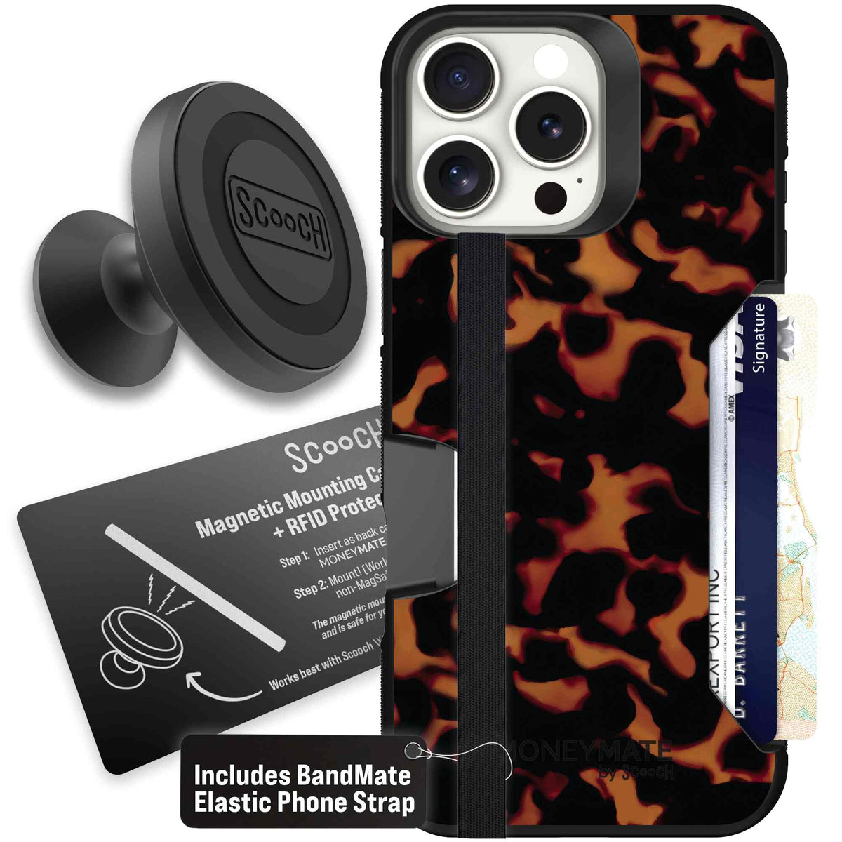 Tortoise Shell amber brown and black mottled pattern on a scoochzza Moneymate case for iPhone 16 Pro Max - Starter Bundle