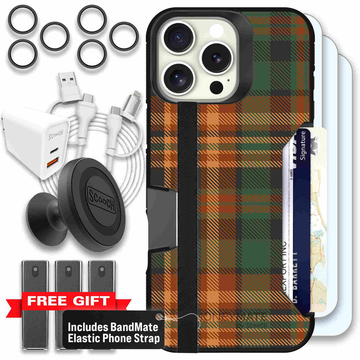 Fall Flannel orange and brown plaid pattern on a scoochzza Moneymate case for iPhone 16 Pro Max - Ultimate Bundle
